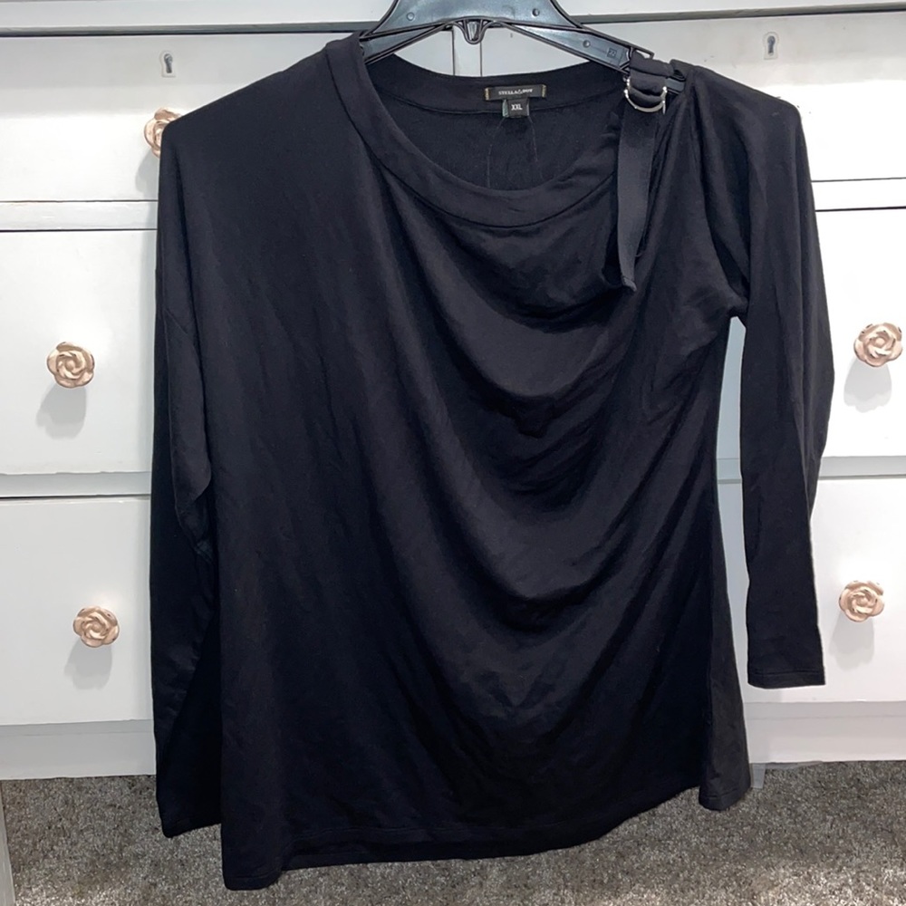 Stella & Dot Buckle Up Cold Shoulder Black Top